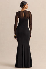 Coralia | Black Asymmetric-Neck Maxi Dress With Mesh Long-Sleeves