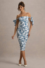 Citrus | Blue Porcelain Print Bardot Bodycon Midi Dress With Bow Sleeves