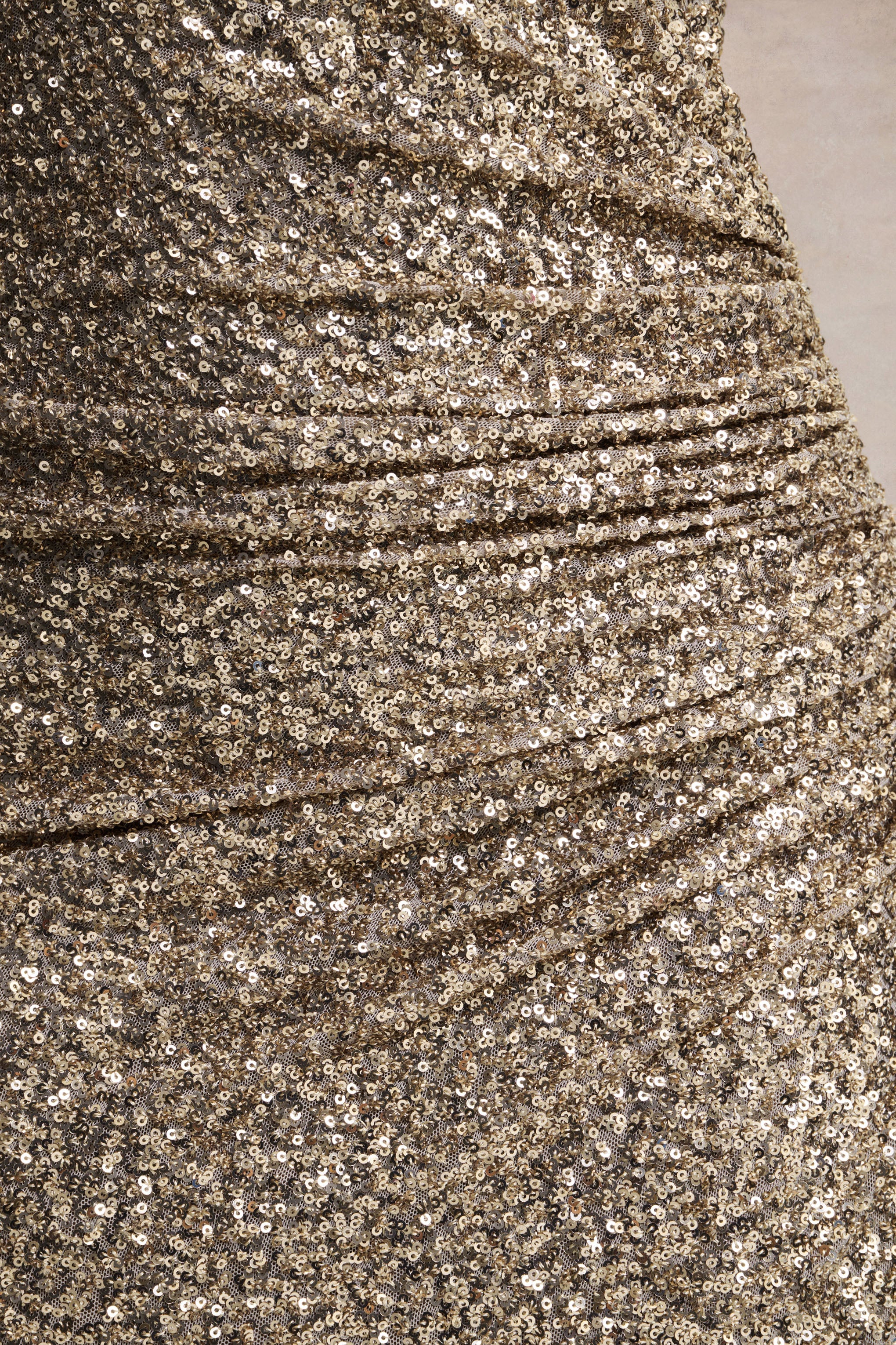 Gio | Champagne Sequin Plunge-Neck Wrap Maxi Dress With Ruched Detailing