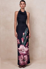 Palatial | Pink Border Print Halter-Neck Cowl Maxi Dress