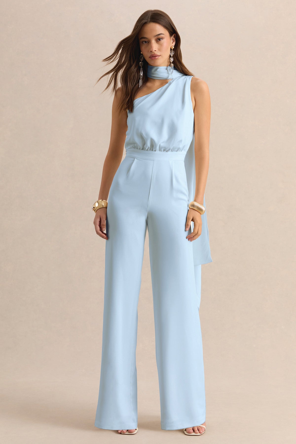 Gliselle | Powder Blue Asymmetric-Neck Jumpsuit With Scarf-Detail