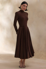 Opalia | Brown High-Neck Belted Midi Dress