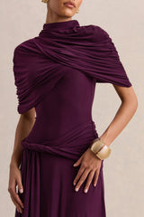 Evelisse | Plum High-Neck Maxi Dress With Short-Cape Sleeves