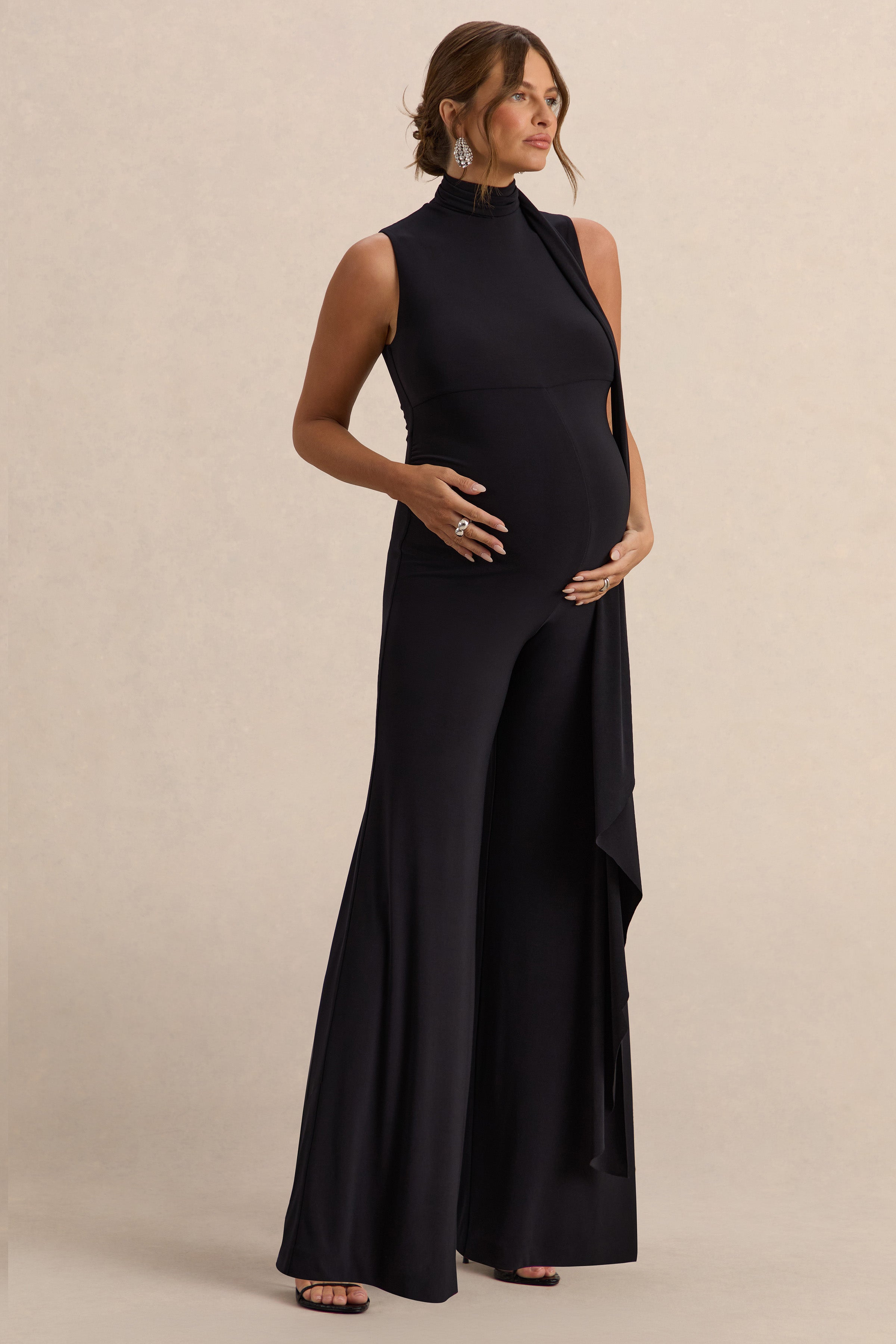 Renza | Black High-Neck Maternity Jumpsuit With Scarf Detail