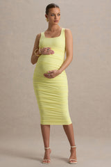 Lisbon | Lemon Maternity Square Neck Ruched Midi Dress