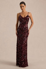 Gemini | Burgundy Floral Sequin Embellished Strappy Maxi Dress