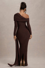Valina | Brown Ruched Asymmetric Maxi Dress With Drape